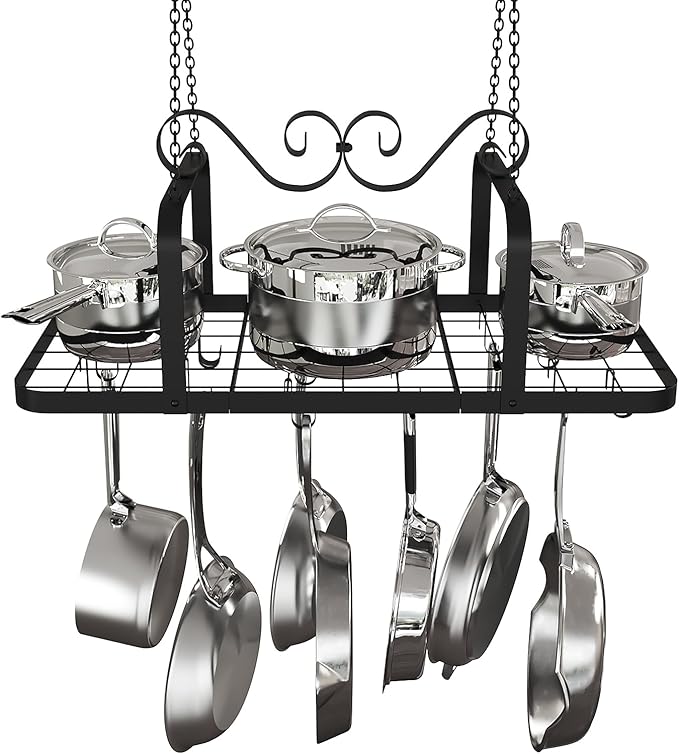 33” Black Pot Rack Hanging, Heavy Duty Metal Ceiling Pot Rack with 15 Hooks, Pot and Pan Hanging Rack Organizer for Kitchen Cookware Utensils