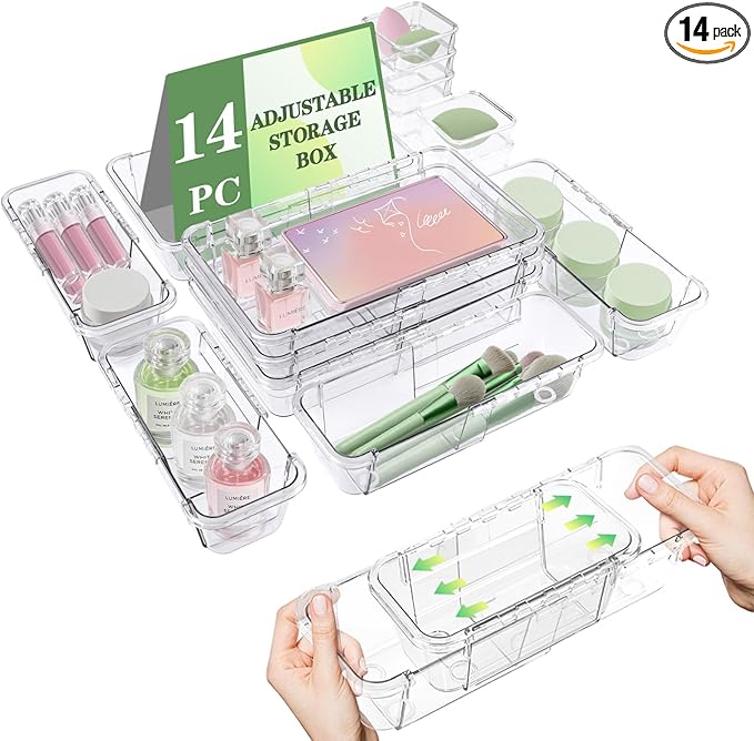 14 Pcs Clear Drawer Organizer, Adjustable Storage Bins (3 Sizes), Desk and Dresser Organizers for Makeup, Cosmetics, Kitchen Utensils, Bedroom, and Gadgets