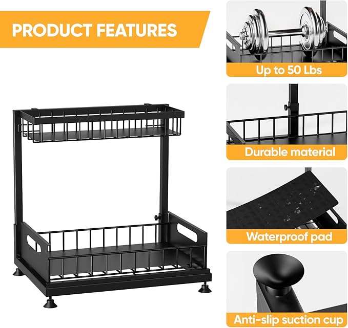 Under Sink Organizer Storage 2-Tier Premium Metal Pull-Out Racks, Height Adjustable, Easy Installation | Kitchen & Bathroom Organizers Pack of 1