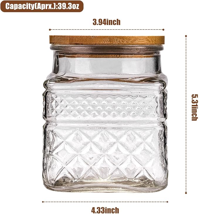 WHJY Glass Storage Container with Lid, Airtight Glass Jars, Farmhouse Tea Canister, Dog Treat Jar for Pet, Glass Candy Cookies Coffee Canister Jar Bath Salt Container - Square 47 oz