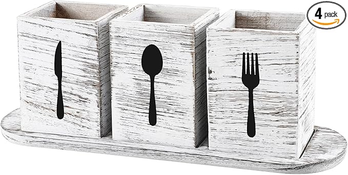 Kathfly 4 Pcs Silverware Caddy Utensil Holder for Countertop Silverware Organizer with Wood Tray Spoon Fork Holder 3. 15 x 3. 15 x 4. 53 Inches of Each Organizer for Kitchen Parties(Retro White)