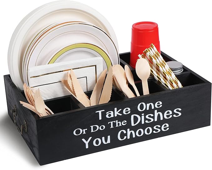 Large Paper Plate Holder Utensil Caddy Organizer for Countertop, Kitchen Silverware Caddy Holder for Cups, Forks, Spoons, Plates, Napkins, Wood Utensil Holder Paper Plate Dispenser for Party Picnic