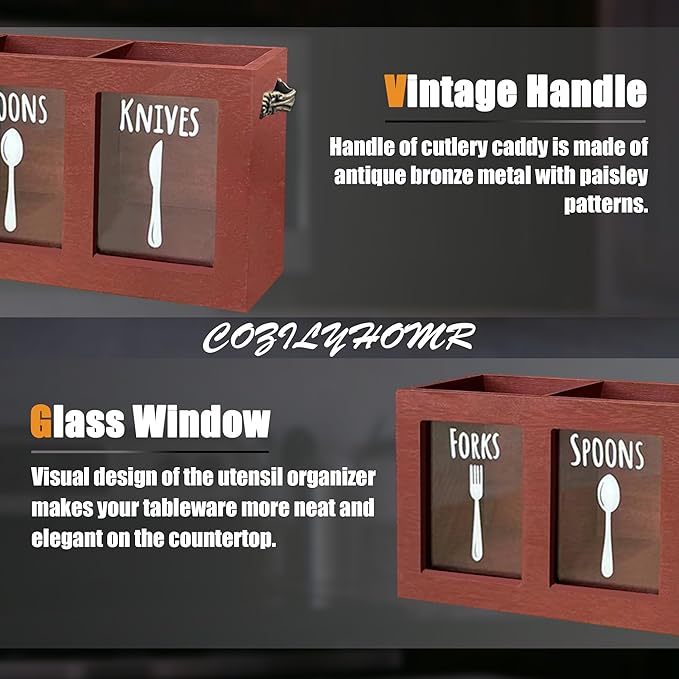 Wooden Utensil Caddy, Kitchen Silverware Caddy Countertop, Spoon And Fork Holder With Handles, Farmhouse Flatware Cutlery Holder, Rustic Silverware Organizer For Party(Brown)