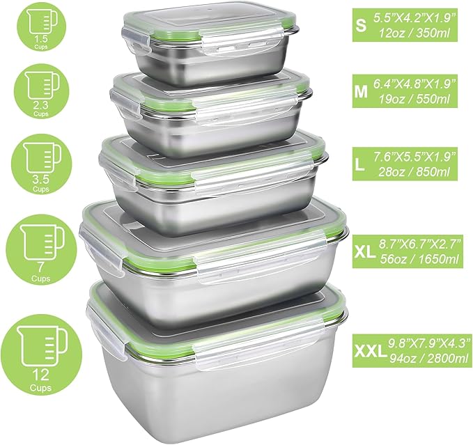 UPTRUST Stainless Stainless Steel Food Storage Containers | Leak Proof & Airtight Lids | Set of 5 Containers BPA Free that are Dishwasher & Freezer Safe, Green