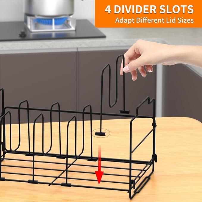 Food Container Lid Organizer, Large Capacity Adjustable 4 Dividers Detachable Lid Storage Organizer for Cabinets, Cupboards, Plastic Lid Organizer for Pantry Shelves, Drawers, Black