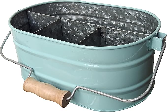 Galvanized Metal Caddy with 4 Compartments, Rustic Farmhouse Kitchen Indoor Outdoor Picnic Utensil Holder, Multipurpose Storage Bin, Metal Garden Planters - 12 Inch - Aqua