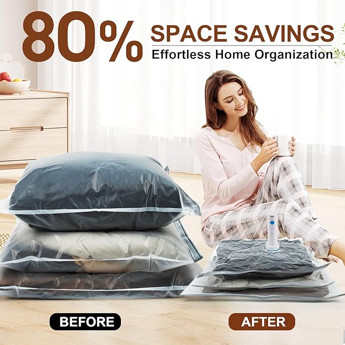 12 Pack Vacuum Storage Bags,Space Saver Bags for Clothing,Comforters,and Bedding,Includes 2 Jumbo, 2 Large, 2 Medium, 2 Small/4 Roll Bags,Compression for Closet & Travel, With Electric Pump