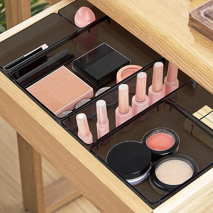 10 PCS Drawer Organizer Set, 4 Varied Size Bathroom and kitchen Drawer cabinet organizer Trays, Clear Storage Bins for Makeup, Jewelry, Utensils and Gadgets, Black
