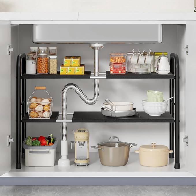 Under Sink Organizer, Kitchen Bathroom Organizers and Storage, shoe cabinet organizer with 8 Removable Panels, 2-Tier Expandable Multi-Purpose Storage Shelf (Expand from17.7 to 32.2")