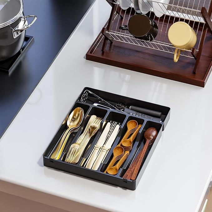 Silverware Organizer for Kitchen Drawers,BPA Free Cutlery Drawer Organizer,6 Slots Plastic Utensils Organizer Suitable as In-Drawer Silverware Holder and Tray,Flatware,Knife,Fork,Spoon Organizer,Black
