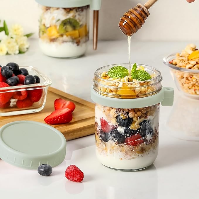 LANDNEOO 6 Pack Overnight Oats Containers with Lids and Spoons, 16 oz Glass Mason Overnight Oats Jars, Large Capacity Airtight Jars for Milk, Cereal, Fruit(Green)