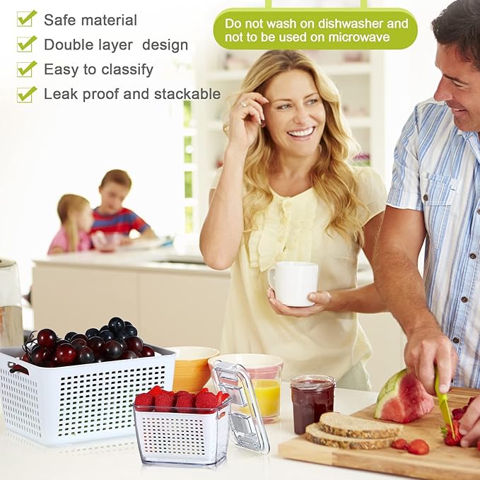 Zopeal 6 Pack Fruit Storage Containers for Fridge Produce Saver Containers for Refrigerator Fruit for Fridge Keep Fresh with Lids Colander and Dividers for Salad Berry Vegetable(White, Gray)