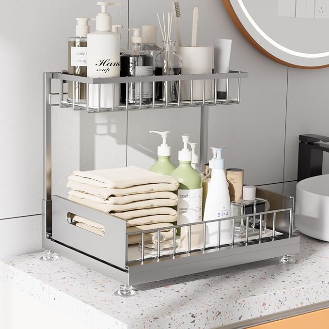 Under Sink Organizer Storage 2-Tier Premium Metal Pull-Out Racks, Height Adjustable, Easy Installation | Kitchen & Bathroom Organizers Pack of 1