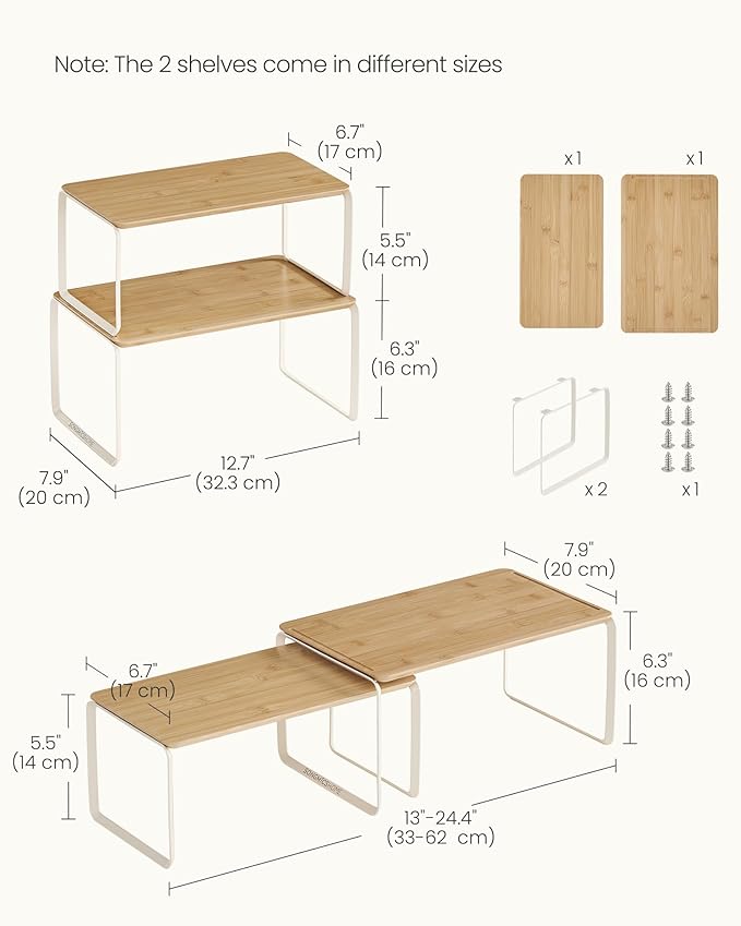 SONGMICS HOME Bamboo Cabinet Organizer Shelf, Nice-Looking Set of 2 Kitchen Counter Shelves, Kitchen Storage, Spice Rack, Stackable, Expandable,Natural Beige UKCS050N01V1