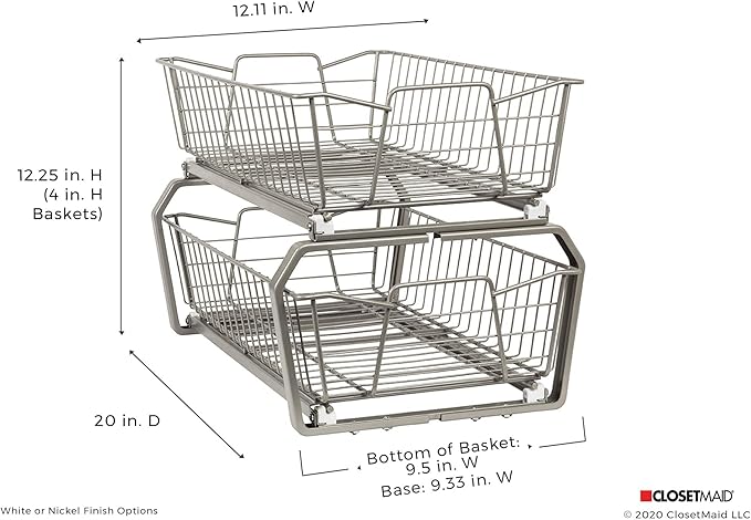 ClosetMaid 11 in. Pull Out Cabinet Organizer, 2 Tier, Heavy Duty, Slide Out Pantry Shelves Drawers for Kitchen, Bathroom, Nickel