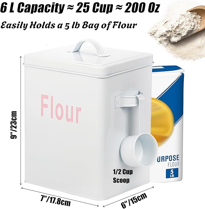 Youeon 200 Oz/25 Cup Metal Flour Storage Container with Airtight Lid and Measuring Scoop, Square Flour Canister with Handle, White Storage Canister for Kitchen Counter, Farmhouse Decor