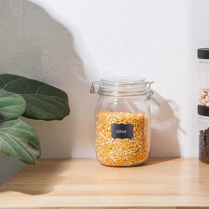 Glass Kitchen Storage Canister Mason Jars with Lids,32oz Airtight Glass Canister with Hinged Lid,Perfect for Kitchen Canning Cereal,Pasta,Sugar,Beans (Labels & Chalk Marker)-Set of 4