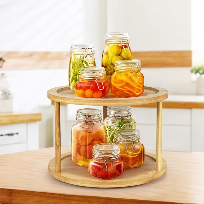 HomeMall Bamboo Lazy Susan Turntable Organizer, 2 Tier Lazy Susan Spice Rack Kitchen Turntable for Kitchen Countertop Cabinet Pantry Home Organization, 10''