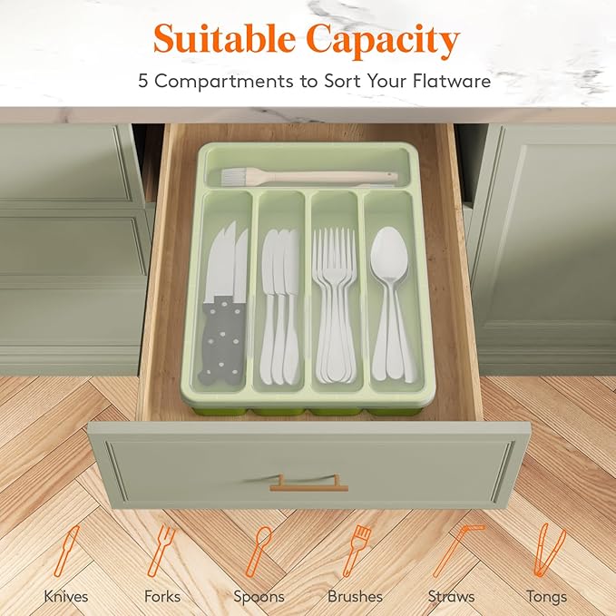 Lifewit Silverware Organizer with Lid, Covered Utensil Tray for Kitchen Drawer and Countertop, Plastic Cutlery and Flatware Storage Box for Spoons Forks Knives Holder Case, 5 Compartments, Green