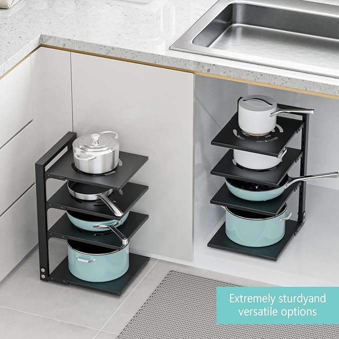Pan Organizer for Under Cabinet, Kitchen Cabinet Organizer with 3 Adjustable Shelves, Pot and Pan Organizer, Pan Organizers and Storage Solution, Easy Assembly and Space-Saving for Homeowners