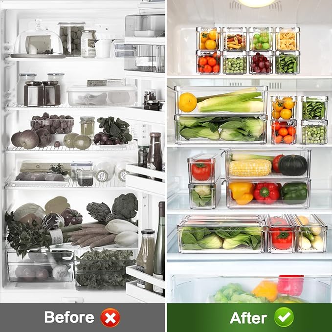 14 Pack Fridge Organizer, Stackable Refrigerator Organizer Bins with Lids, BPA-Free Fridge Organizers and Storage Containers for Fruit, Vegetable, Food, Drinks, Cereals, Clear