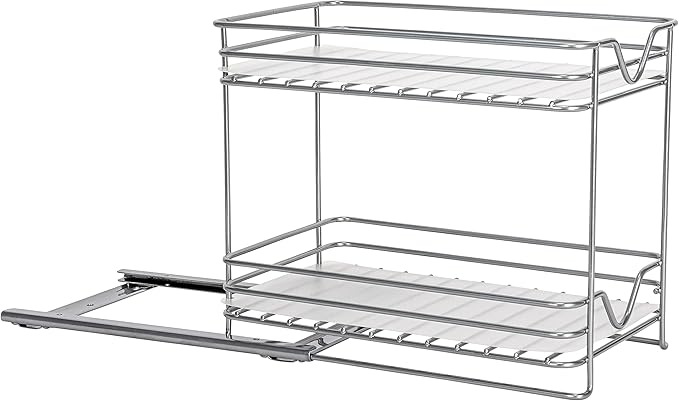 Household Essentials Glidez Paint-Finished Steel Pull-Out/Slide-Out Storage Organizer with Plastic Liner for Spice Rack Use - 2 -Tier Design - Fits Standard Size Cabinet or Shelf, Brushed Silver