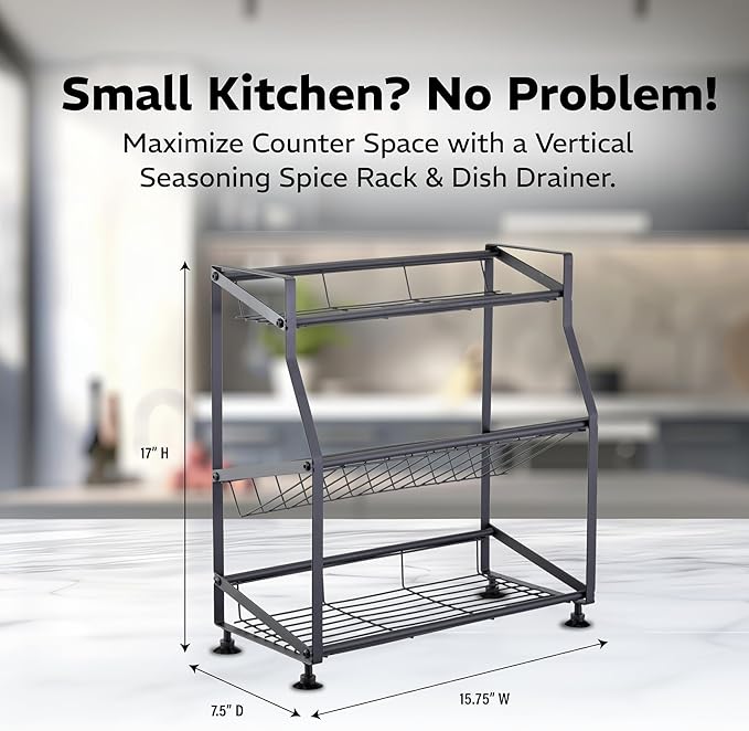 Epsilon 3-Tier Spice Rack and Dish Rack – Vertical Seasoning Organizer with Kitchen Shelf Storage for Efficient Spice Organization & Countertop Dish Drying