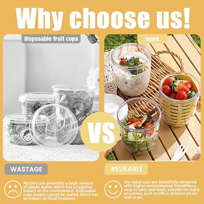 20oz Fruit Salad Storage Cup with Lids and Fork, Reusable Plastic Fruit Storage Containers for fridge with Drain Baskets, BPA-Free & Leak-Proof, Keep Fruits, Vegetables Fresh Longer (Yellow)