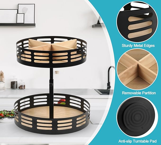Lazy Susan Organizer,4 Adjustable Heights Lazy Susan Turntable for Cabinet,2-Tier Snack Organizer for Pantry Shelf,Rotating Spice Rack,Wood Condiment Seasoning Organizer for Spices, Makeup,Snack