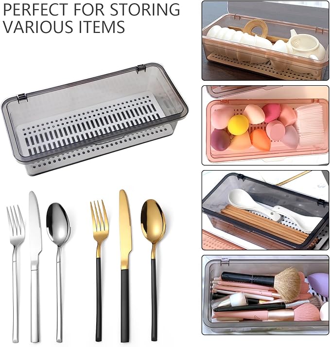 Flatware Tray with Lid, Silverware and Cutlery Storage Container for Flatware and Silverware (Grey)