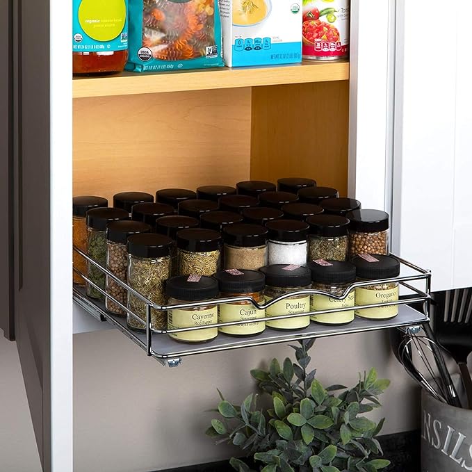 Pull Out Cabinet Organizer for Spices, Cans - Heavy Duty with Lifetime Limited Warranty- Pull Out Spice Rack- Cabinet Pull Out Shelf for Cans,Dishes, Etc, 12-3/8"Wx 10-1/2"D x 2-3/4” H, Chrome