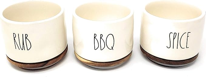 Rae Dunn by Magenta, unique with perfect imperfections. SPICE, BBQ, RUB- Stacked ceramic canister set, beige, black LL, 10in x 4.25in x 4.25in…