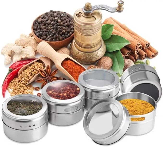 12-Piece Magnetic Spice Jar Set | Kitchen Essentials Seasoning Organizer | Durable Spice Tins with Sift-Pour Lids & Clear Viewing Window | Ideal for Kitchen Refrigerator & Cabinet Organization