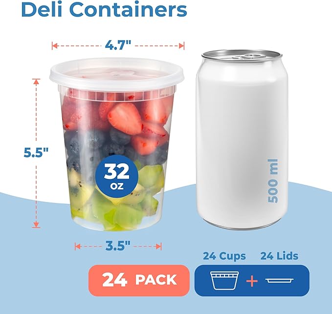 Fit Meal Prep 24 Pack 32 oz Deli Containers with Lids, US Made Airtight Leakproof Plastic Soup Container, Round Clear Quart Food Storage Containers for Takeout Restaurant, Microwave Freezer Safe