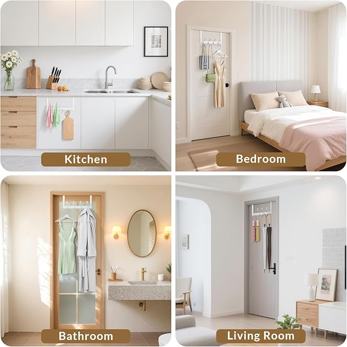 2 Packs Over The Door Hooks with 4 Tri Hooks, Heavy Duty Over Door Hanger for Bathroom Closet Bedroom Kitchen Dorm Room, Towel Coat Rack Home Organizer for Hanging Clothes Coat Hat Jacket (2, White)