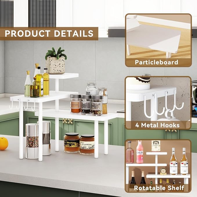 IBUYKE Countertop Organizer,3-Tier Spice Racks,Kitchen Counter Corner Shelf,4 Side Hooks,Adjustable Countertop Shelf for Kitchen, Bathroom, Coffee Bar, Cabinet, Desk,White,TLJ023W
