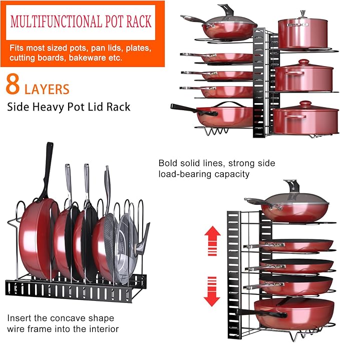 Pots and Pans Organizer for Under Cabinet, 8 Tier Adjustable Pot Organizer Rack for Under Cabinet, With Drain Tray Placeable Cookware Organizer Baking Cookie Cutting Board, 3 DIY Pot Rack Organizer