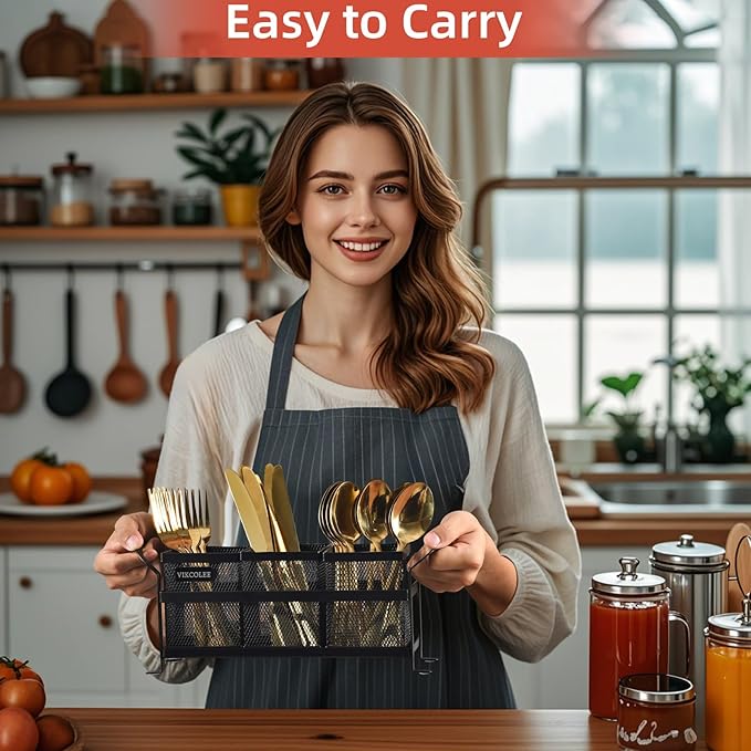 Kitchen Utensil Holder, Silverware Organizer Holder, Compact Metal Organizer for Flatware, Spoons, Forks, and Knives - 3 Separate Compartments Perfect for Kitchen Countertop- Black