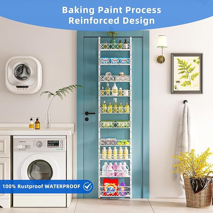 Over the Door Pantry Organizer, Over the Door Organizer, Over the Door Spice Rack,10-Tier Metal Pantry Door Organizer for Easy Install, Pantry Door Storage,Over the Door Storage White