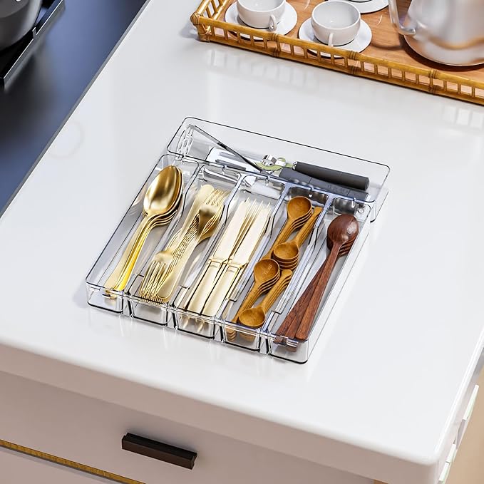 Clear Silverware Organizer for Kitchen Drawers,BPA Free Cutlery Drawer Organizer,6 Slots Plastic Utensils Organizer Suitable as In-Drawer Silverware Holder and Tray,Flatware,Knife,Fork,Spoon Organizer
