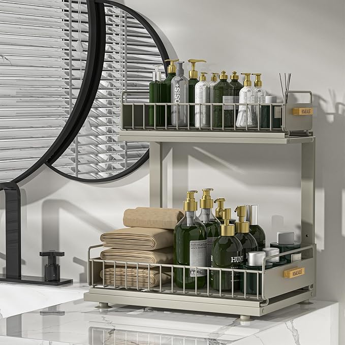 Under Sink Organizer, High Adjustable 2 Tier Under Kitchen Sink Organizer, Multi-Purpose Storage Shelf for Kitchen Bathroom Cabinet, Gray