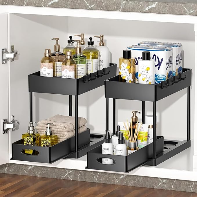 2 Pack Under Sink Organizers and Storage Bathroom, 2 Tier Under Sliding Kicthen Cabinet Basket Organizer with Hooks, Hanging Cup, Dividers, Handles, Multi-purpose Under Sink Shelf Organizer