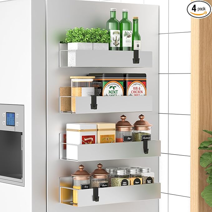 4 Pack Magnetic Spice Storage Rack Organizer for Refrigerator and Oven, Silver Fridge Organizers and Storage