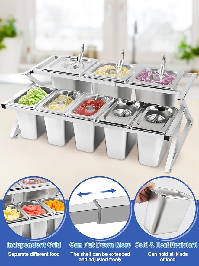 Lanstics 8 Pans Spice Rack Shelf 2 Row Stainless Steel Spice Organizer Stand with Lids Spoons Countertop Inclined Holder Buffet Containers Set for Sauce Jam Fruits Ingredient Kitchen Restaurant Pantry
