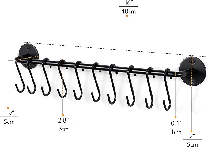 Wallniture Cucina 16" Wall Mount Kitchen Organization Storage Rail with 10 S Hooks for Hanging Pots and Pans Set and Lid Organizer, Black