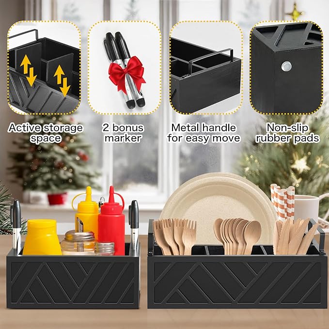 Paper Plate Dispenser with Cup Holder for Kitchen Countertop, Wood Paper Plate Holder Organizer for Cutlery, Silverware Caddy Utensil Caddy Condiment Caddy for Parties BBQ and Camping Accessories