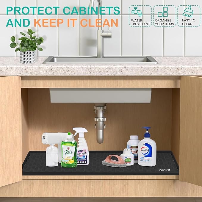 Waterproof Under Sink Mat 31" x 22", Silicone Cabinet Liner, Rubber Protector for Kitchen and Bathroom, Keeps Cabinets Clean, Dry, and Organized (Black)