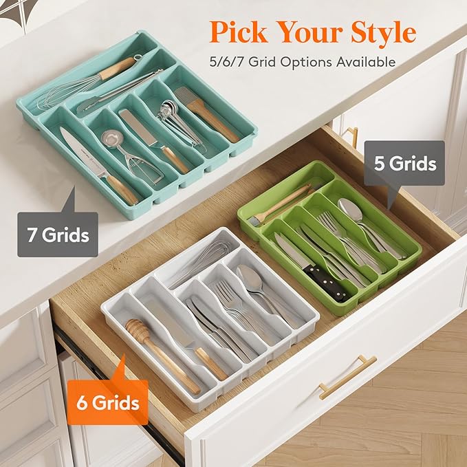 Lifewit Silverware Drawer Organizer Tray, Plastic Cutlery Storage for Kitchen Drawer, Flatware and Utensil Holder Divider for Spoons Forks Knives Tableware, 6 Compartment, White