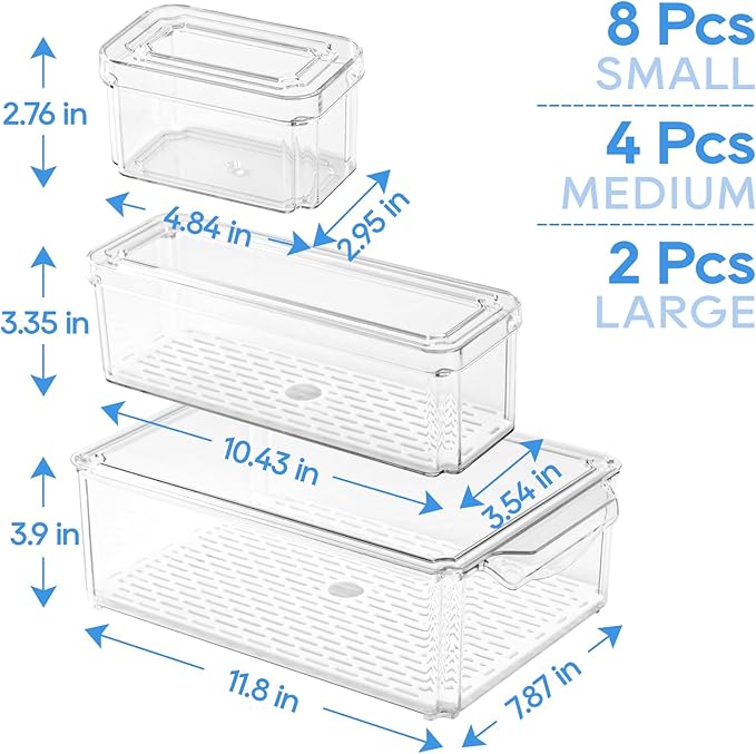 14 Pack Fridge Organizers, Refrigerator Organizer Bins with Lids, BPA Free Stackable Fruit Storage Containers for Fridge, Vegetables, Food and Drinks