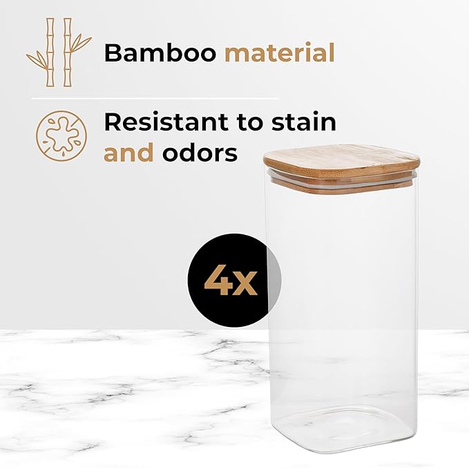 44oz Square Borosilicate Glass Canister With Bamboo Lid, Airtight Pantry Storage Jar Containers Ideal for Rice, Candy, Sugar, Flour, Nuts, Cookies and Coffee Beans (4 Pack)